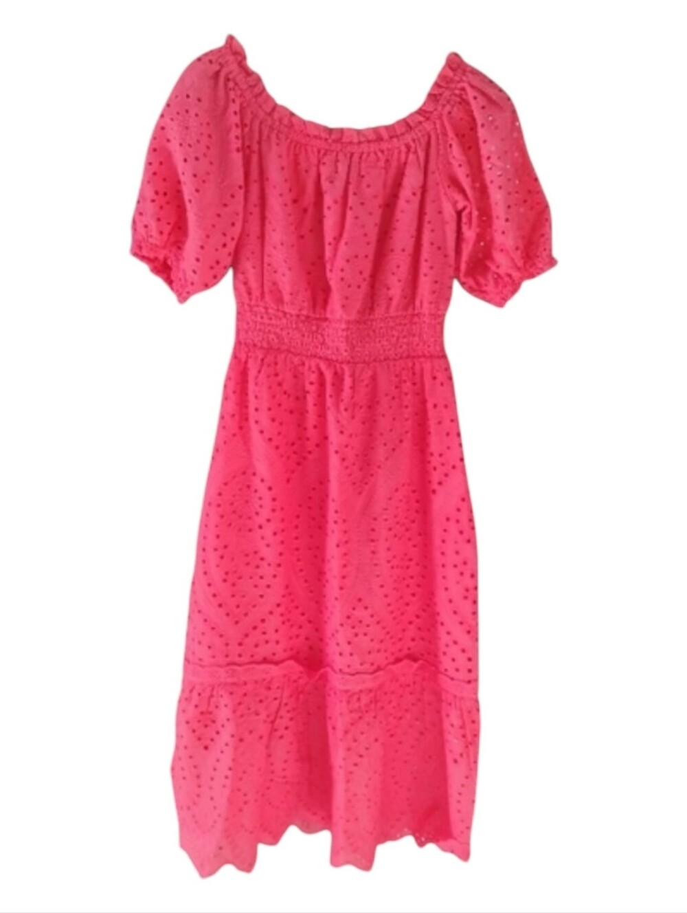Betsey Johnson Hot Pink Cotton Eyelet Puff Sleeve Square Neck Midi Dress - Picture 2 of 5